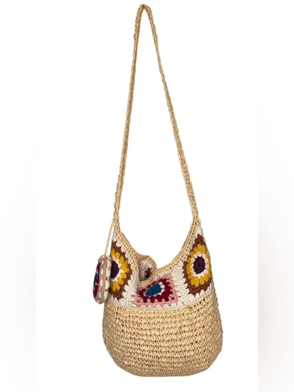 Zara Boho Crochet Straw WovenBag Granny Square Patchwork Festival Coastal Hippie - Picture 2 of 12